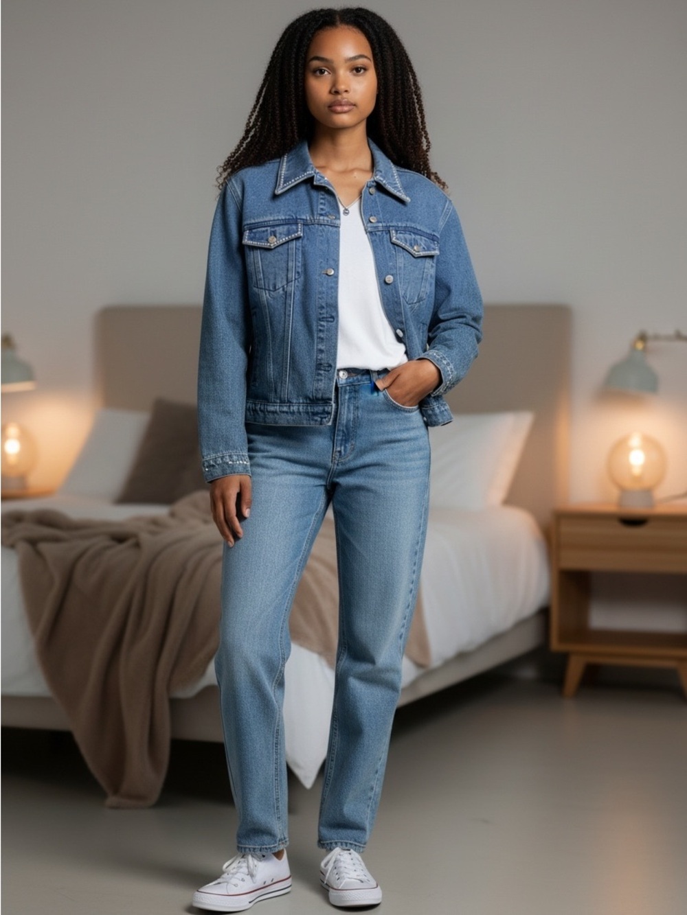 Vtg 90’s Denim Jacket Christine Alexander Blue Embellished Trim Buttoned L